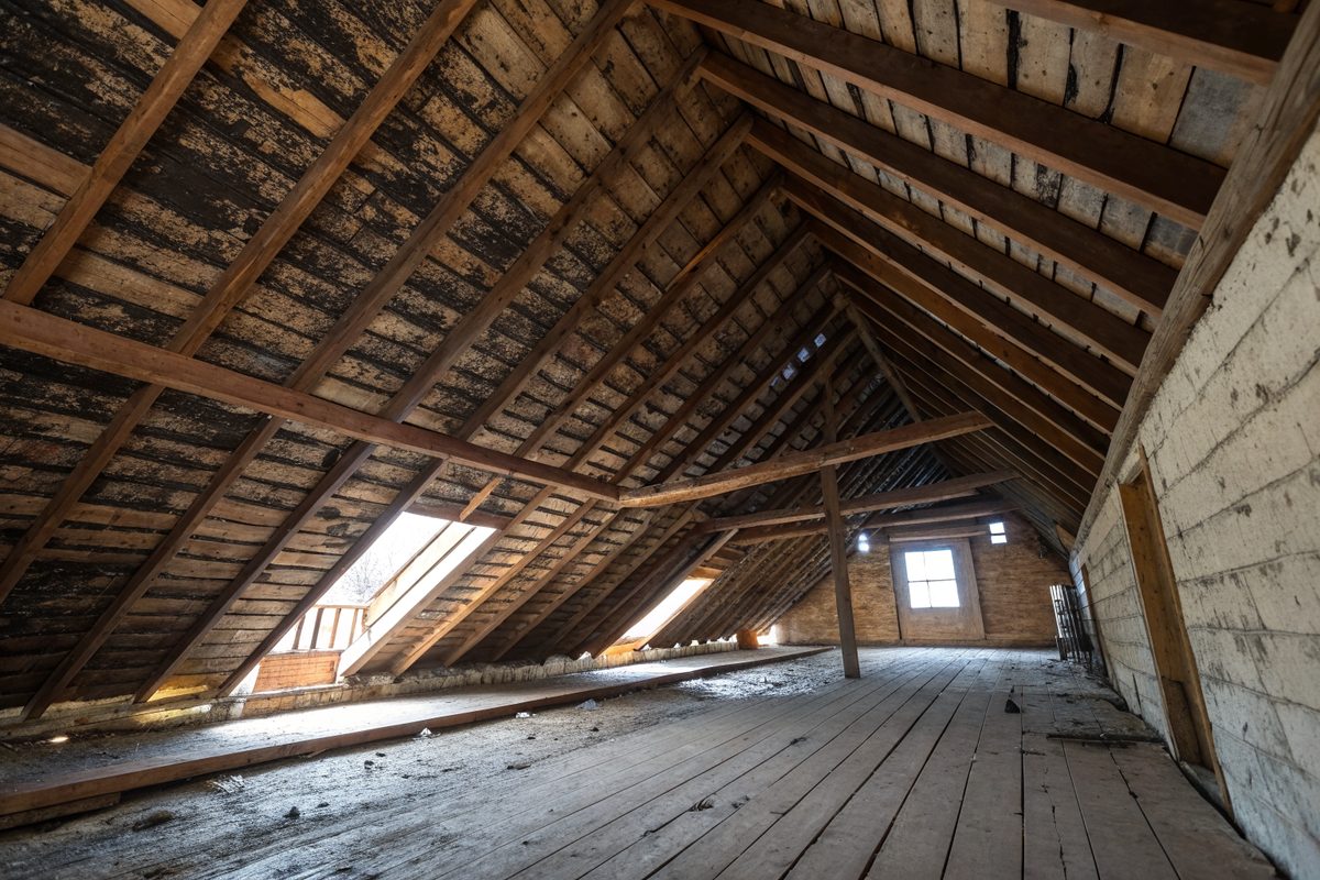 Old board roof sheathing in an attic with dark water stains and a line of daylight