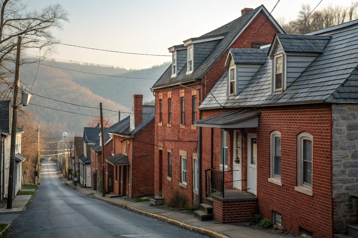A row of attached red brick row homes with slate and shingle roofs on a narrow street