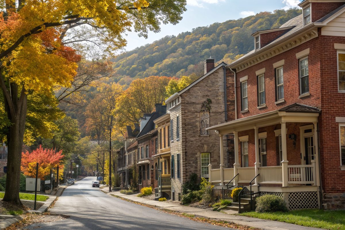 Historic brick and limestone townhouses on a tree-lined street in fall