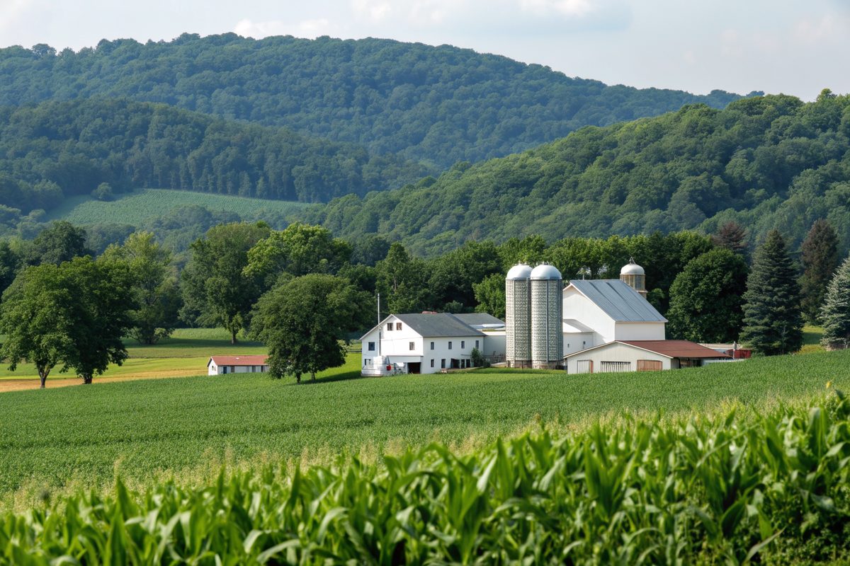 A farmstead with a white house and silos beyond a cornfield and a forested ridge