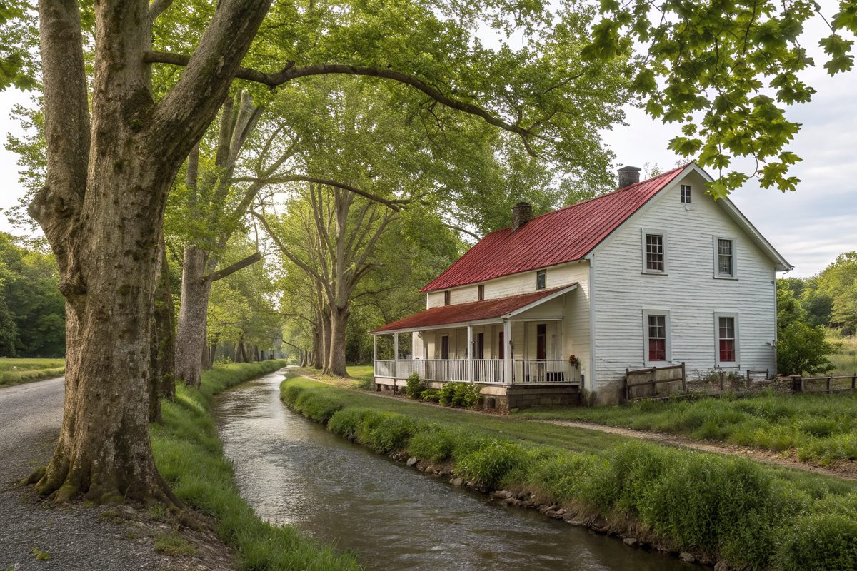 A white farmhouse with a red metal roof beside a creek lined with sycamores