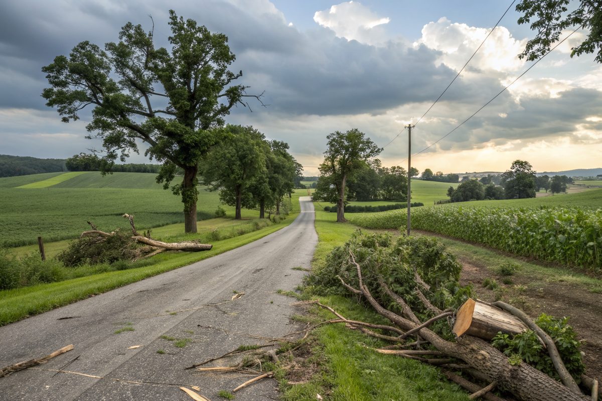 Broken oak limbs along a country road between fields after a thunderstorm