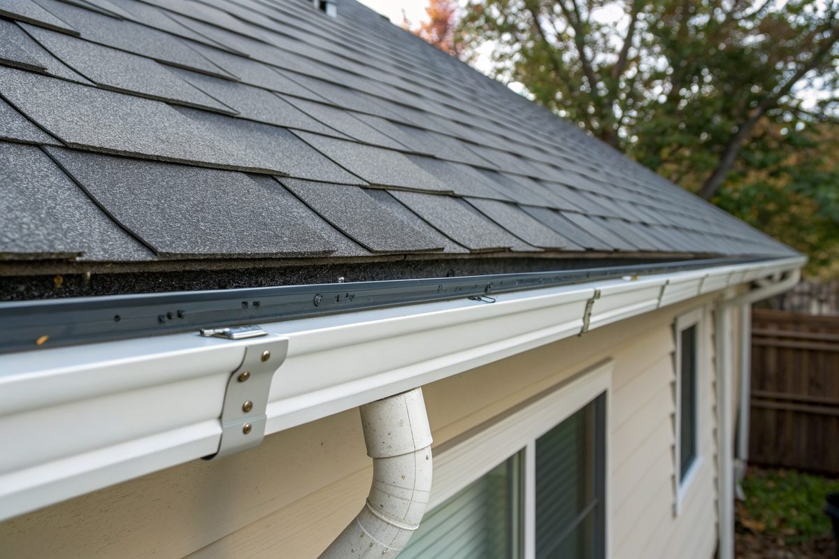 A metal drip edge and new gutter along the eave of a freshly shingled roof