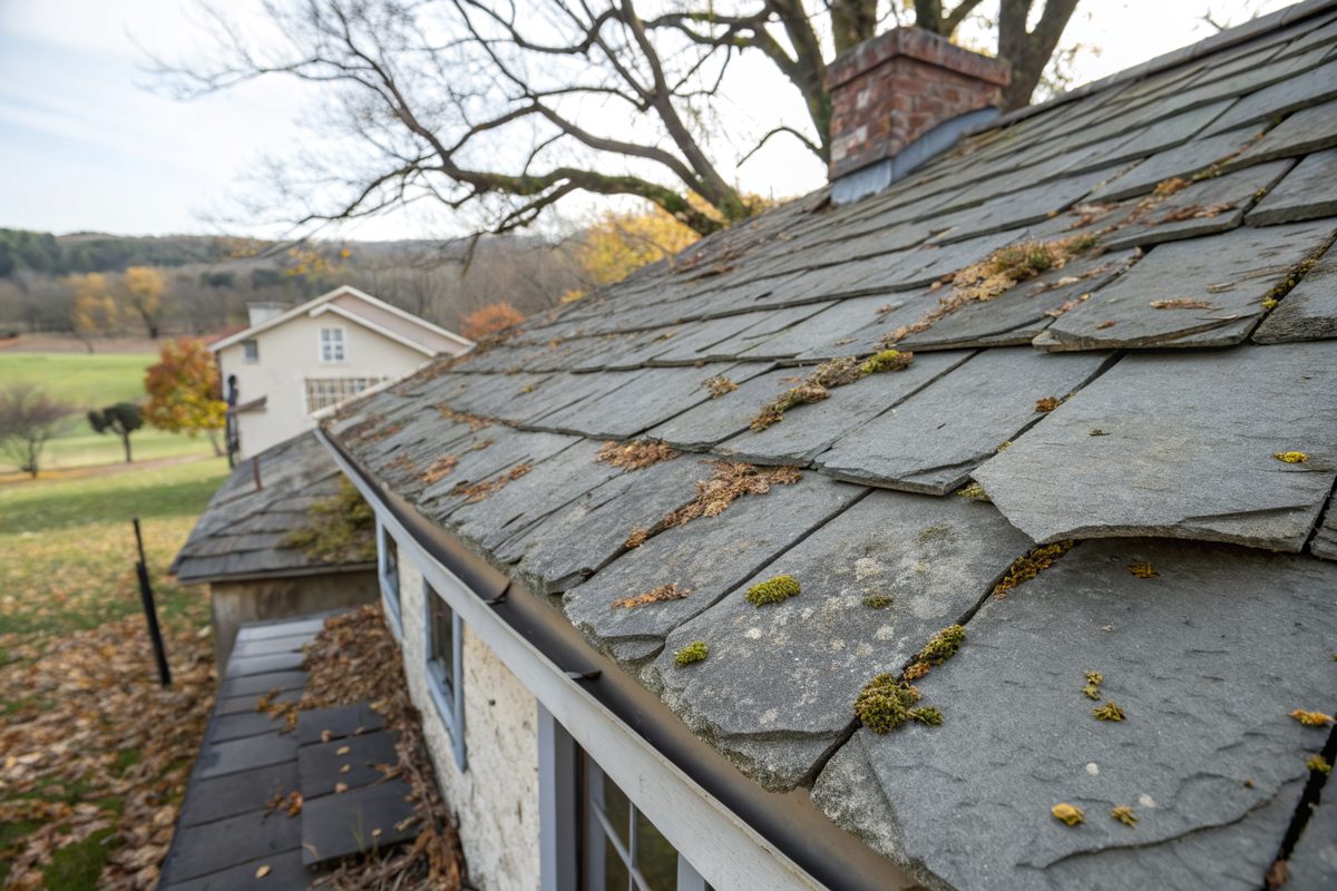 Curled, cracked old gray shingles with lichen spots on an aging farmhouse roof