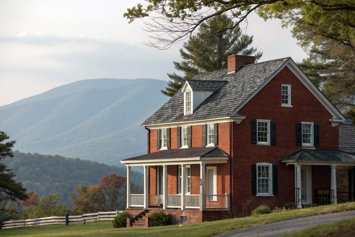 A two-story red brick colonial house with a charcoal shingle roof below a mountain ridge