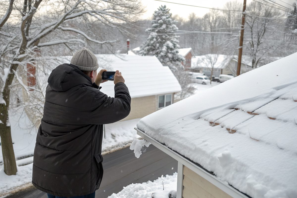 A homeowner photographing his roof with a phone after a snowstorm