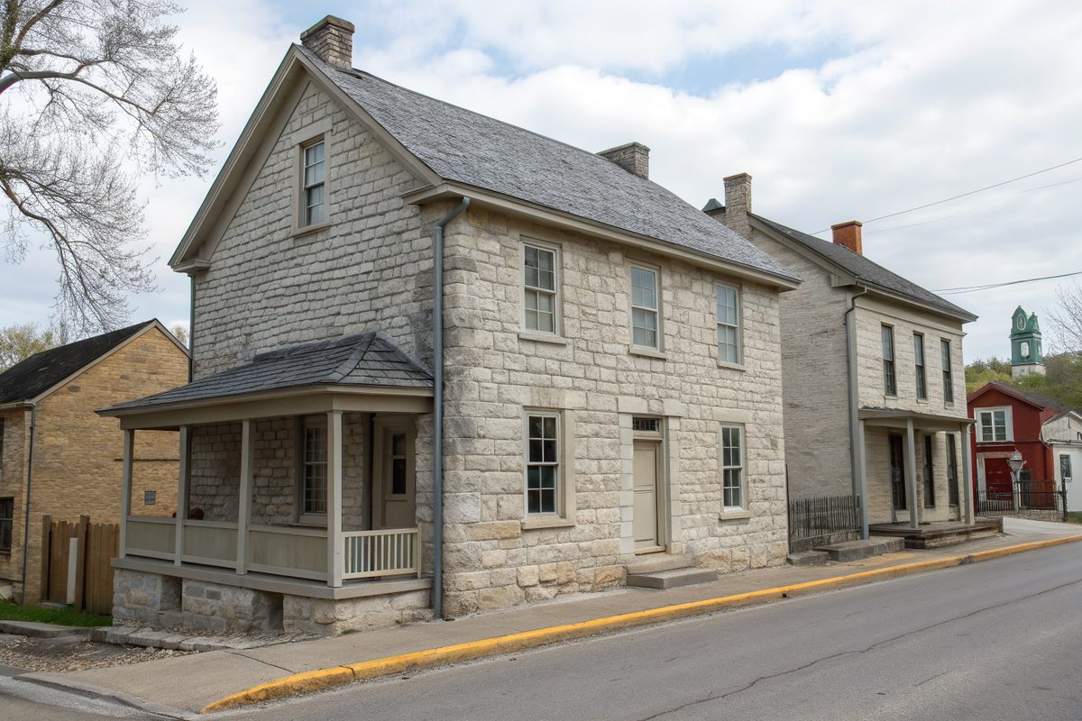 A two-story limestone twin house with a gray shingle roof on a quiet street