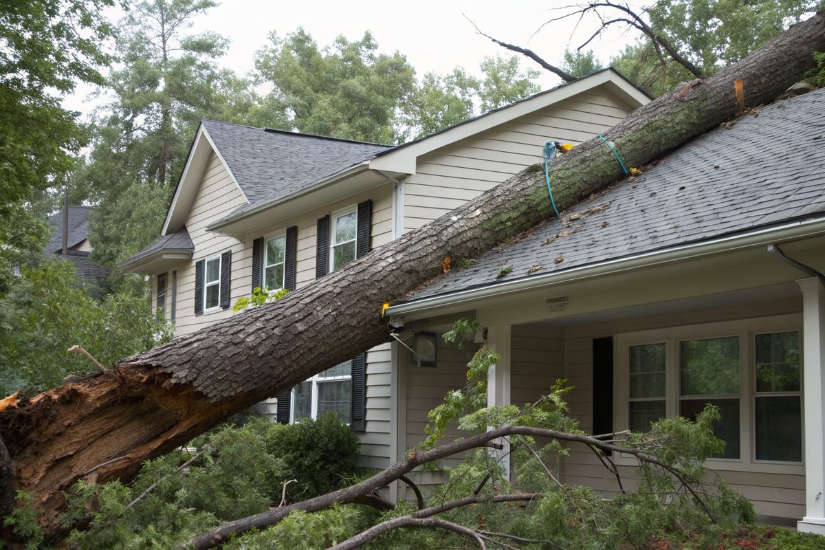 A broken oak limb across the shingle roof of a two-story house after a storm