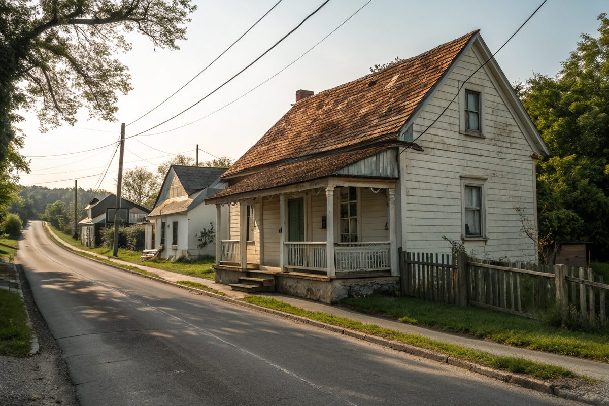 A small old frame house with a porch and a worn, patched shingle roof