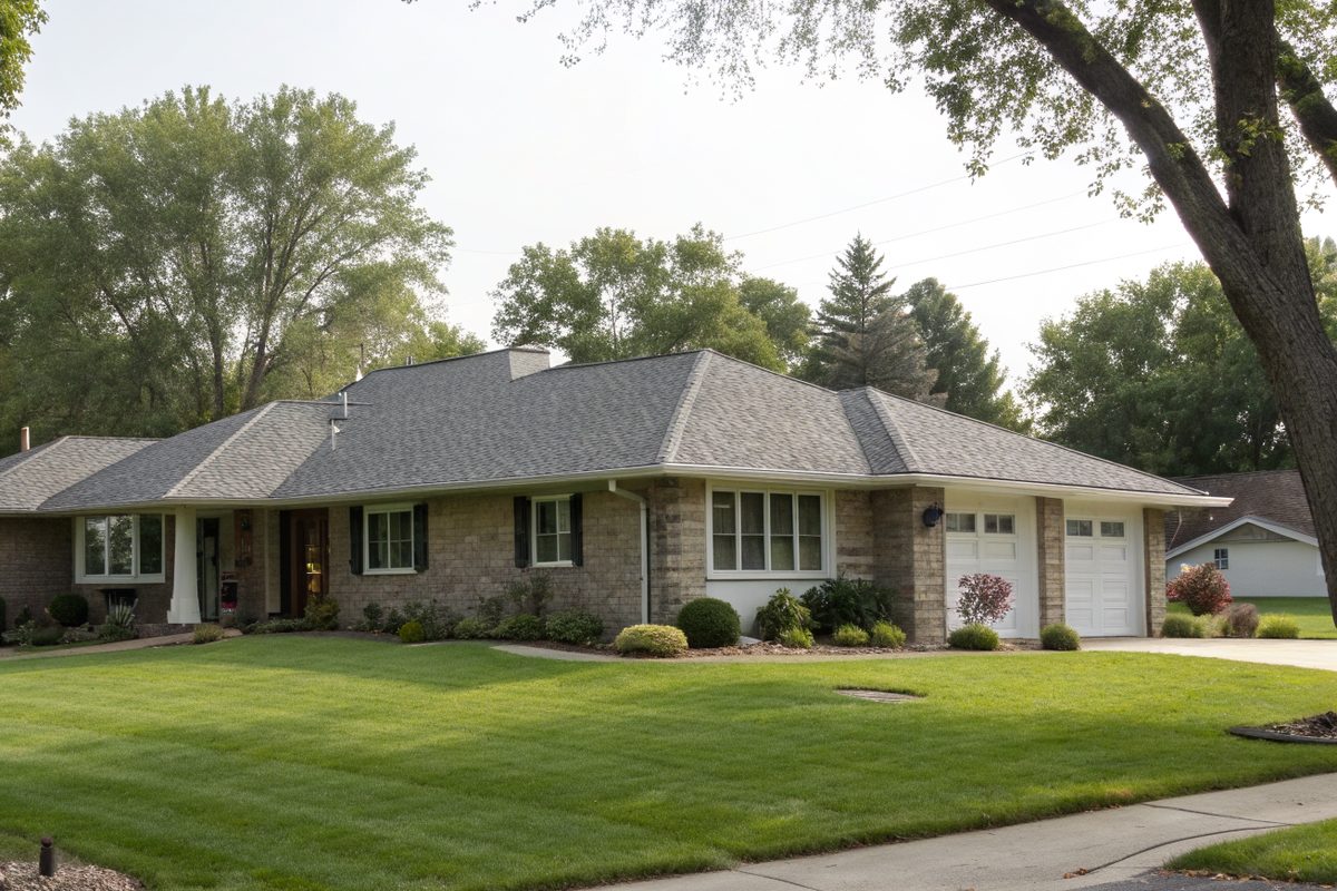 A one-story ranch house with a new gray architectural shingle roof
