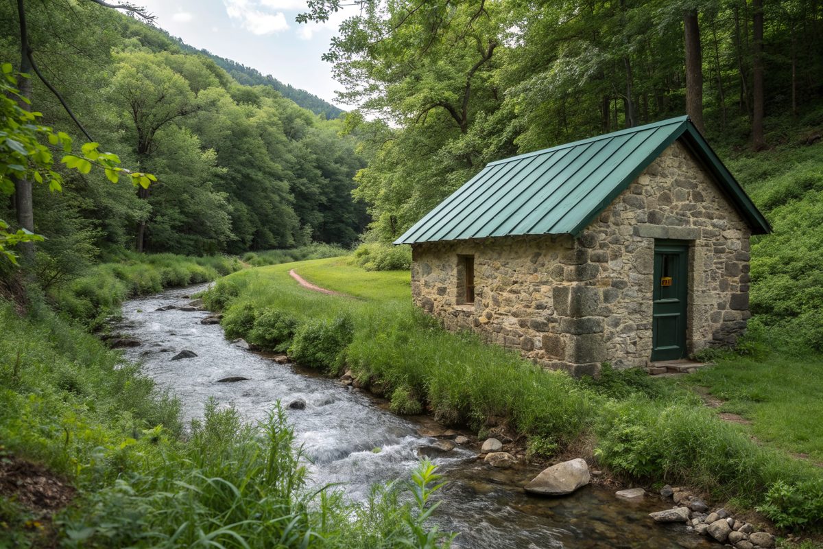 A small stone springhouse with a dark green standing-seam metal roof beside a creek