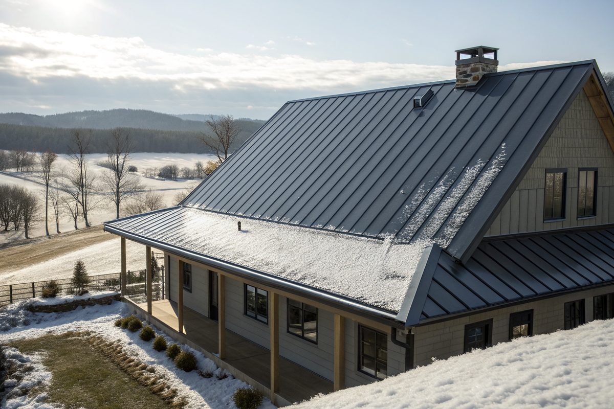 A charcoal standing-seam metal roof with snow guards and light snow