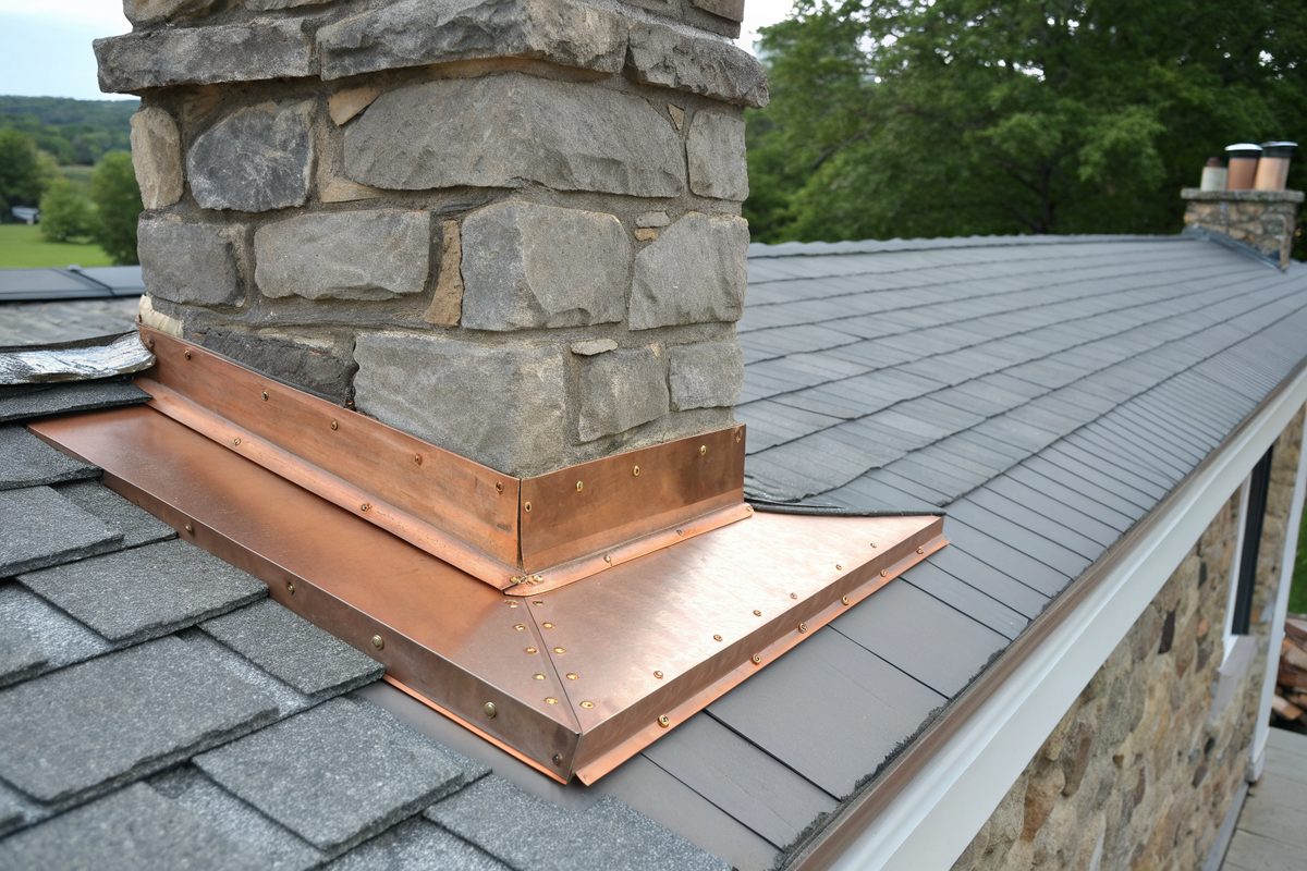 New metal flashing where a shingle roof meets an old stone chimney