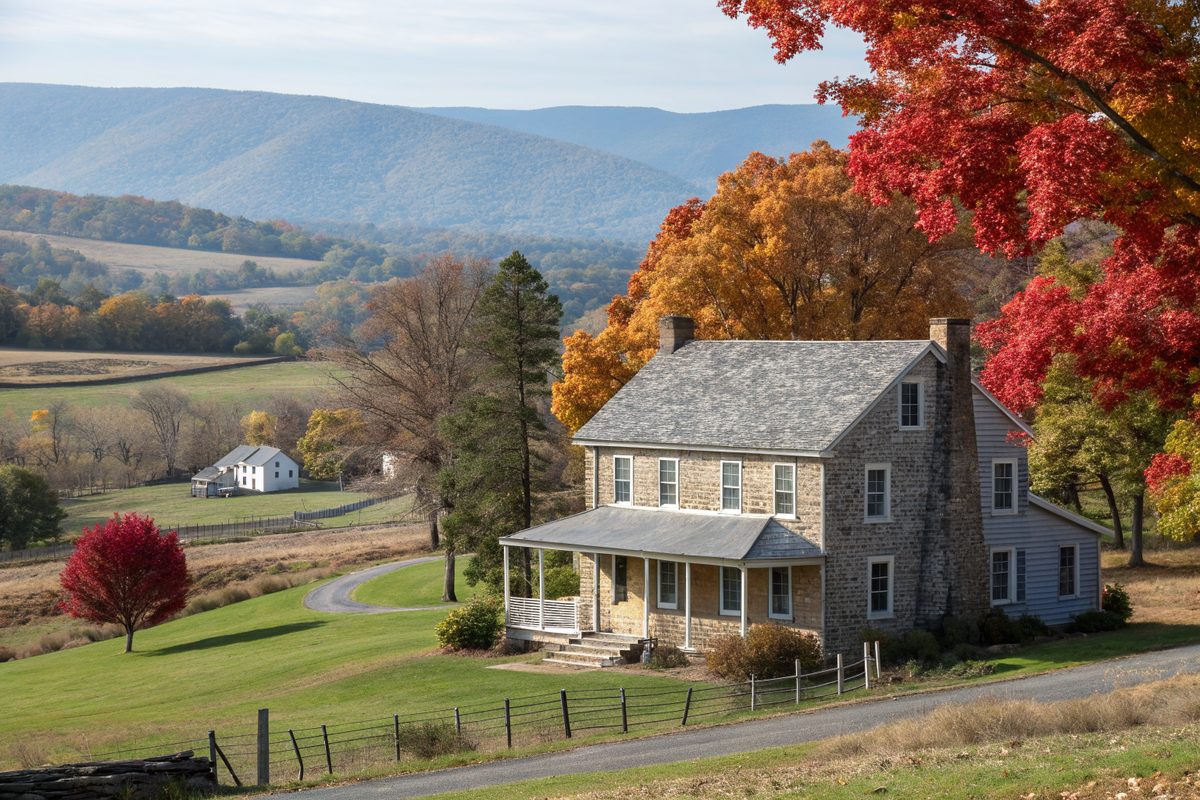 A two-story fieldstone farmhouse with a gray shingle roof among red maples