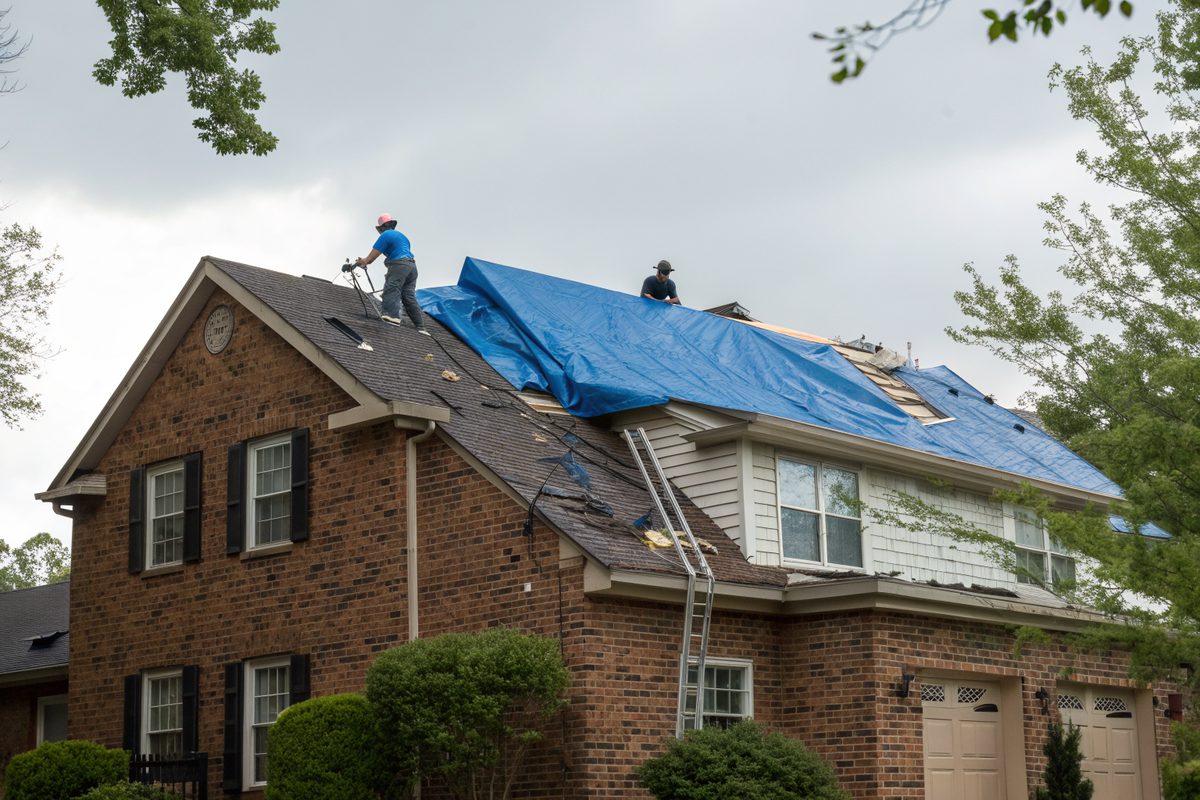 A blue tarp held down with boards over a damaged section of a brick house's shingle roof