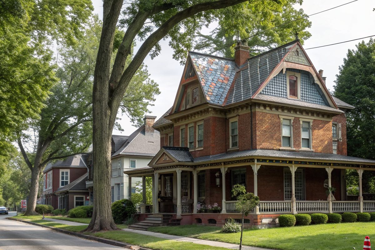 A restored Victorian brick house with a patterned slate roof and a wraparound porch