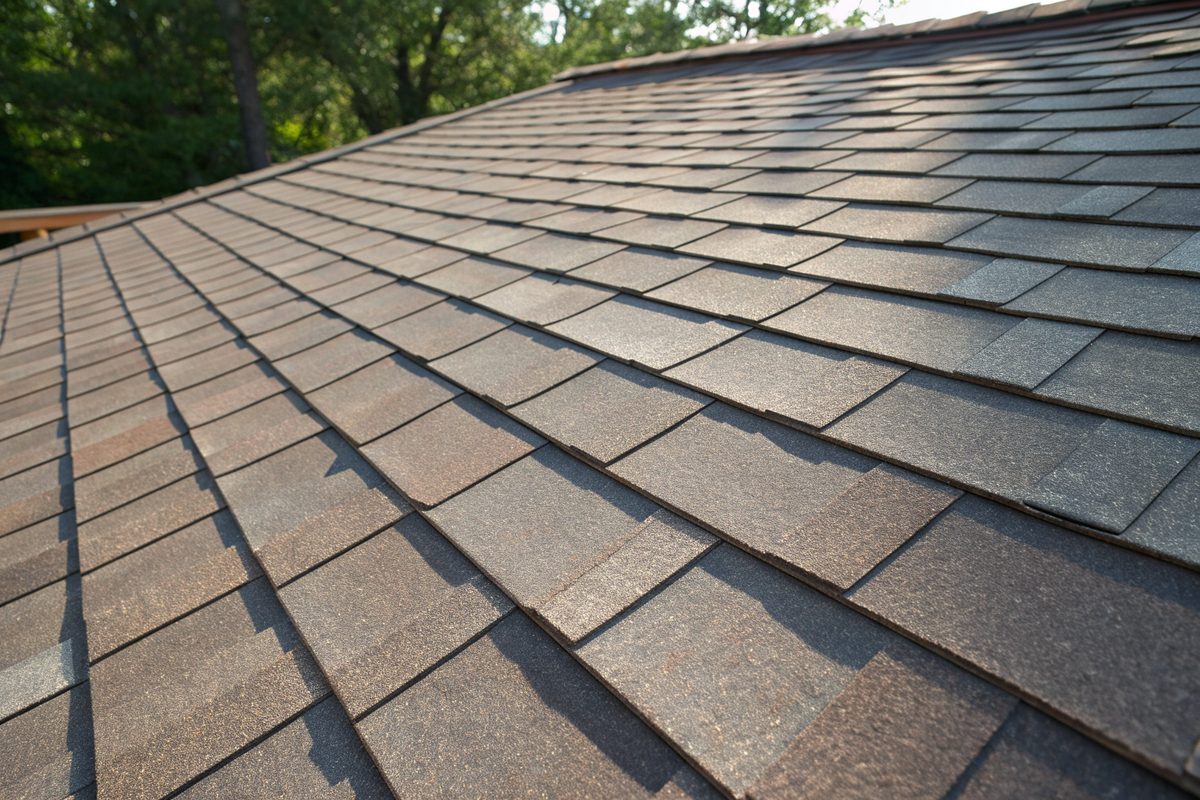Close view of new architectural shingles in a weathered wood blend