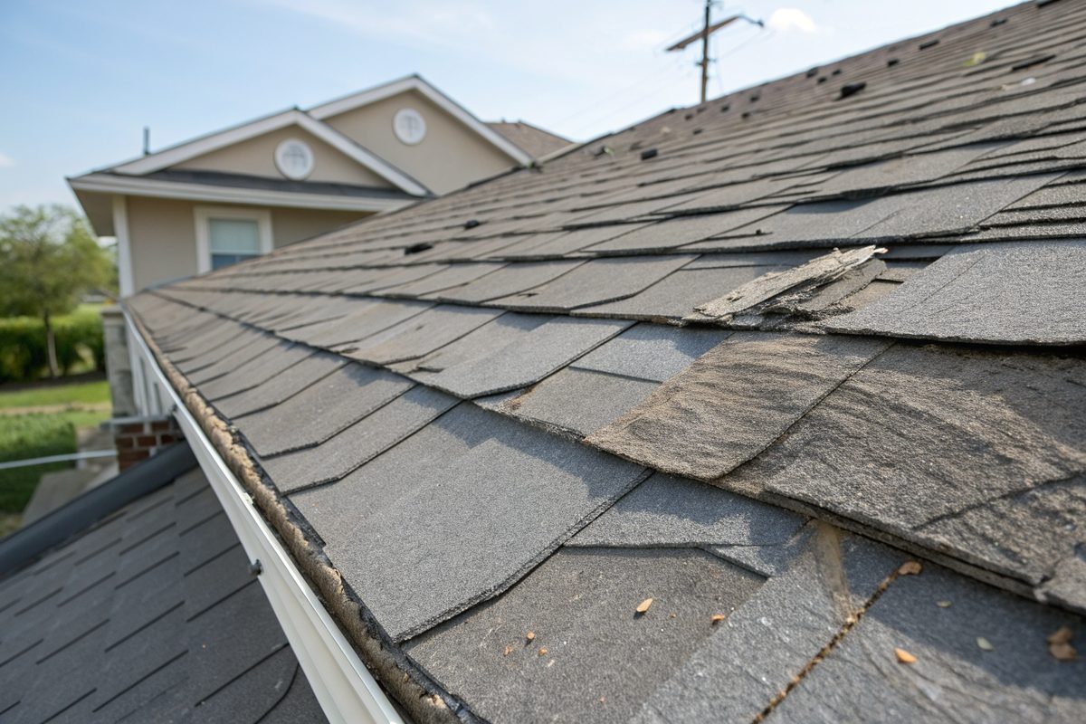 Wind-lifted and creased gray shingles near a roof ridge